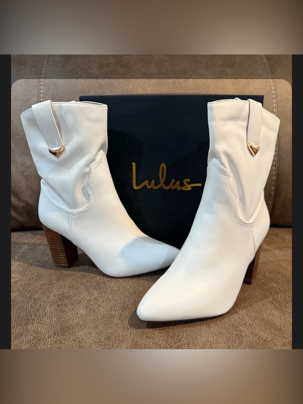 Lulu's White Pointed-Toe Western Ankle Boots with Gold Accent